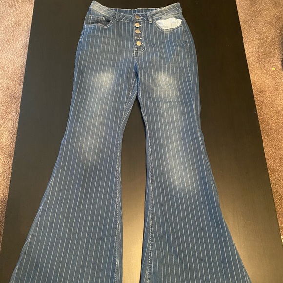 Blue Striped Women's Flare Jeans - Picture 1 of 1
